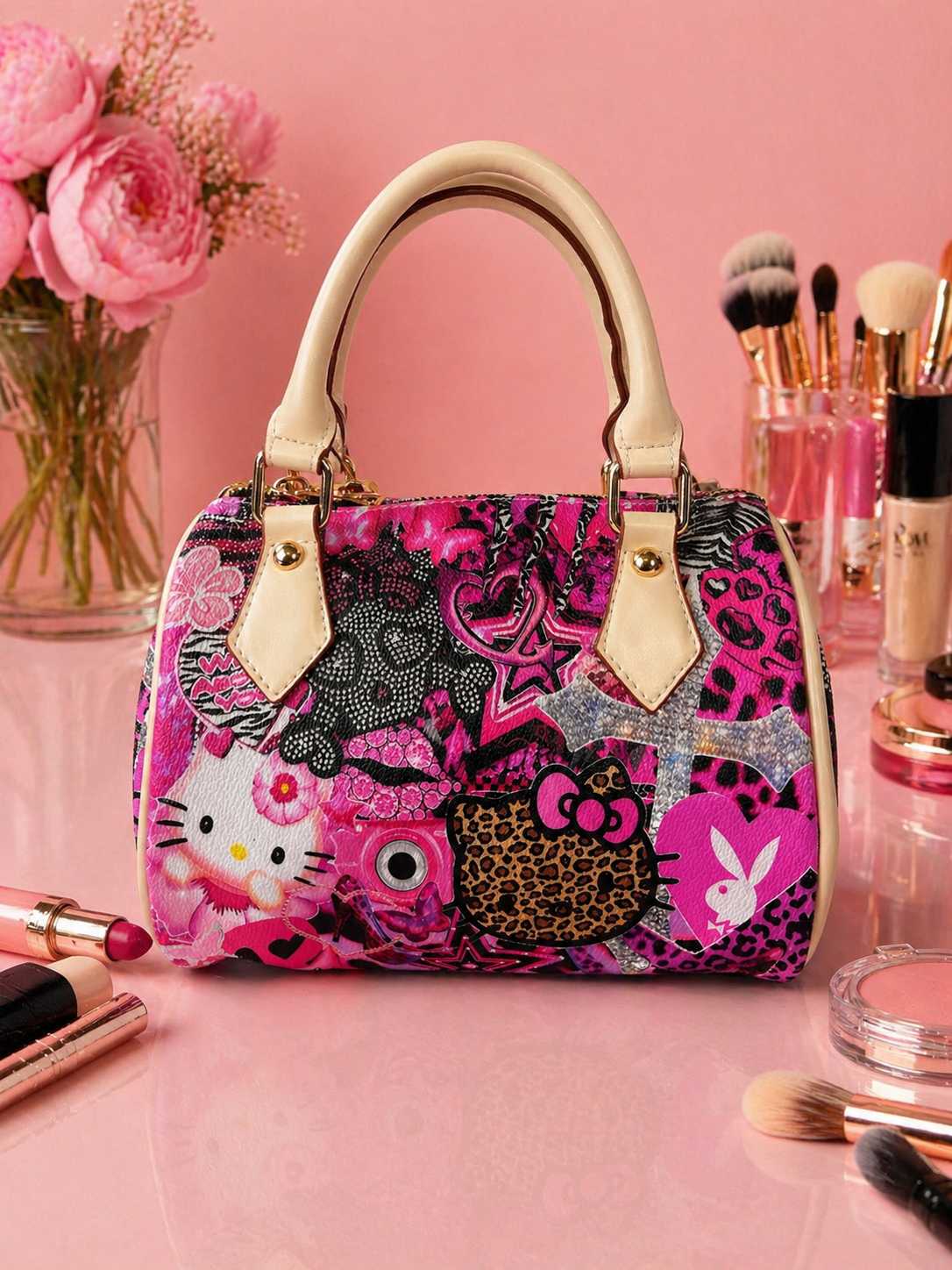 Hello Kitty Graffiti Mini Boston Bag – Pink Street Style Designer-Inspired Handbag 💖🖤✨