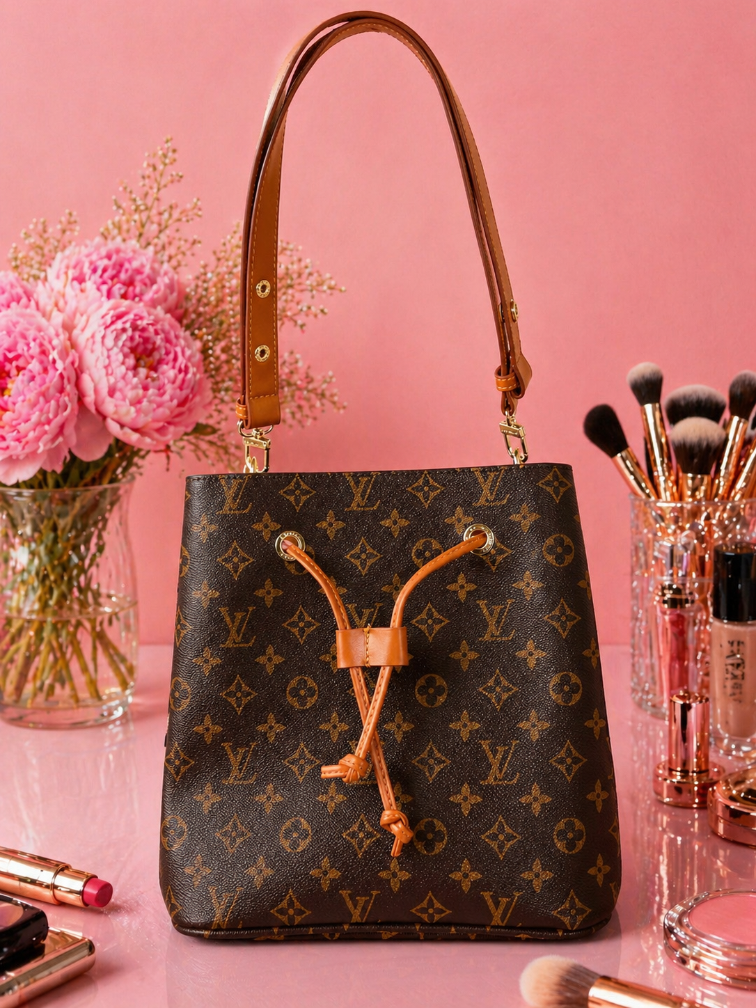 Brown Monogram Bucket Bag – Designer-Inspired Drawstring Shoulder Handbag, Gold Detail Purse