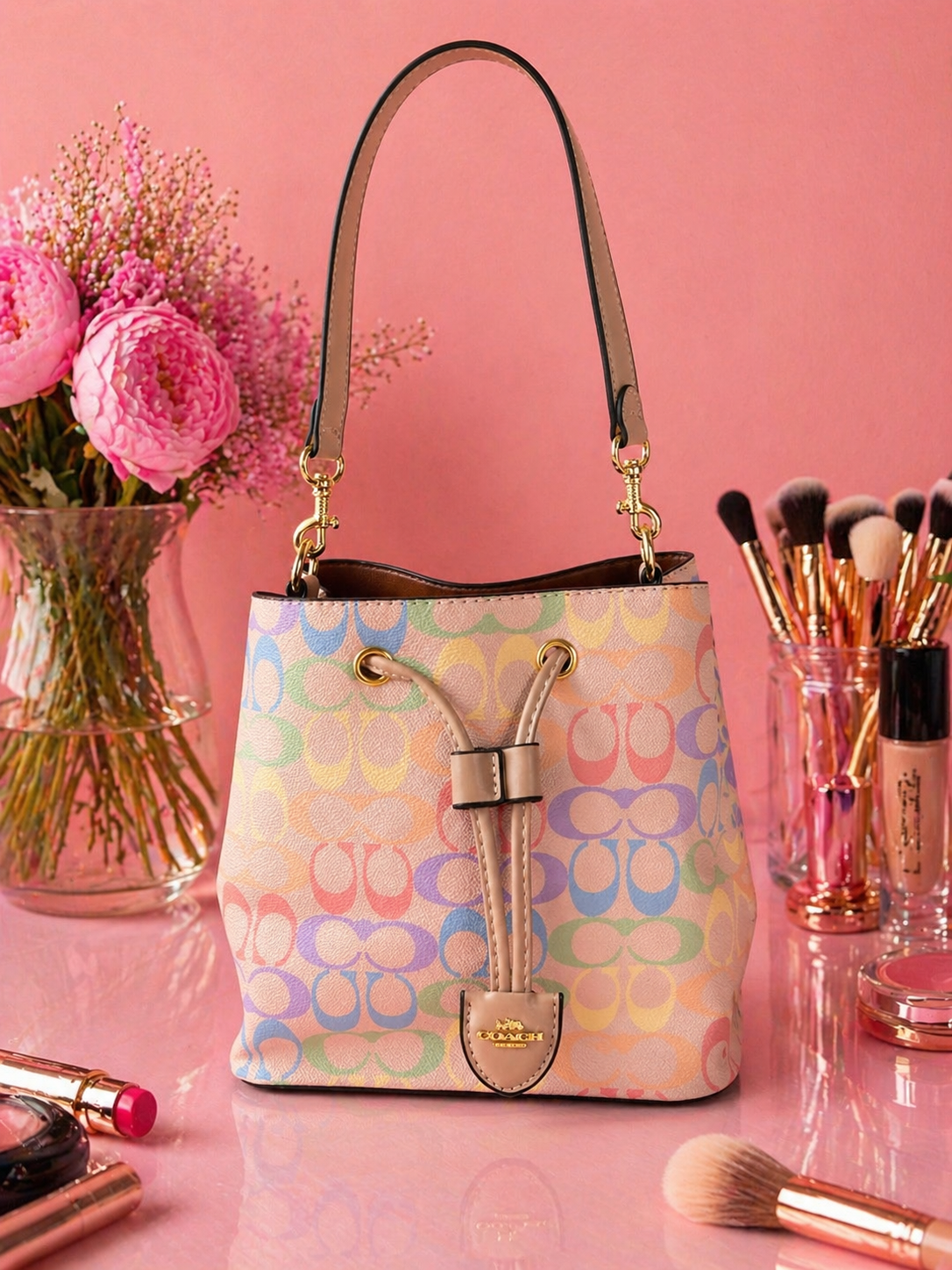 Pastel Rainbow Monogram Bucket Bag – Designer-Inspired Drawstring Shoulder Handbag, Gold Detail Purse