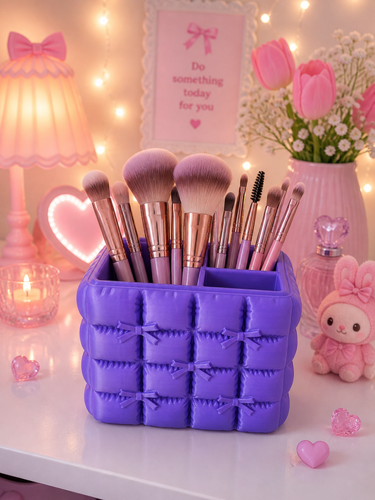 Purple Quilted Bow Makeup Brush / Pen Holder